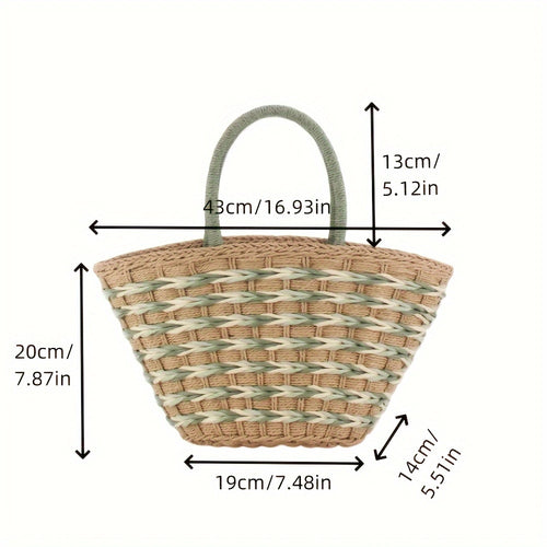 Color-Block Womens Handwoven High-Capacity Shoulder Beach Basket Bag For Vacation