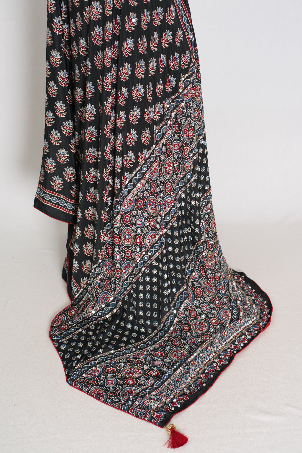 Afrin | Black Ajrakh Printed Saree | Mirror Work Semi Modal Silk