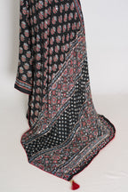 Afrin | Black Ajrakh Printed Saree | Mirror Work Semi Modal Silk