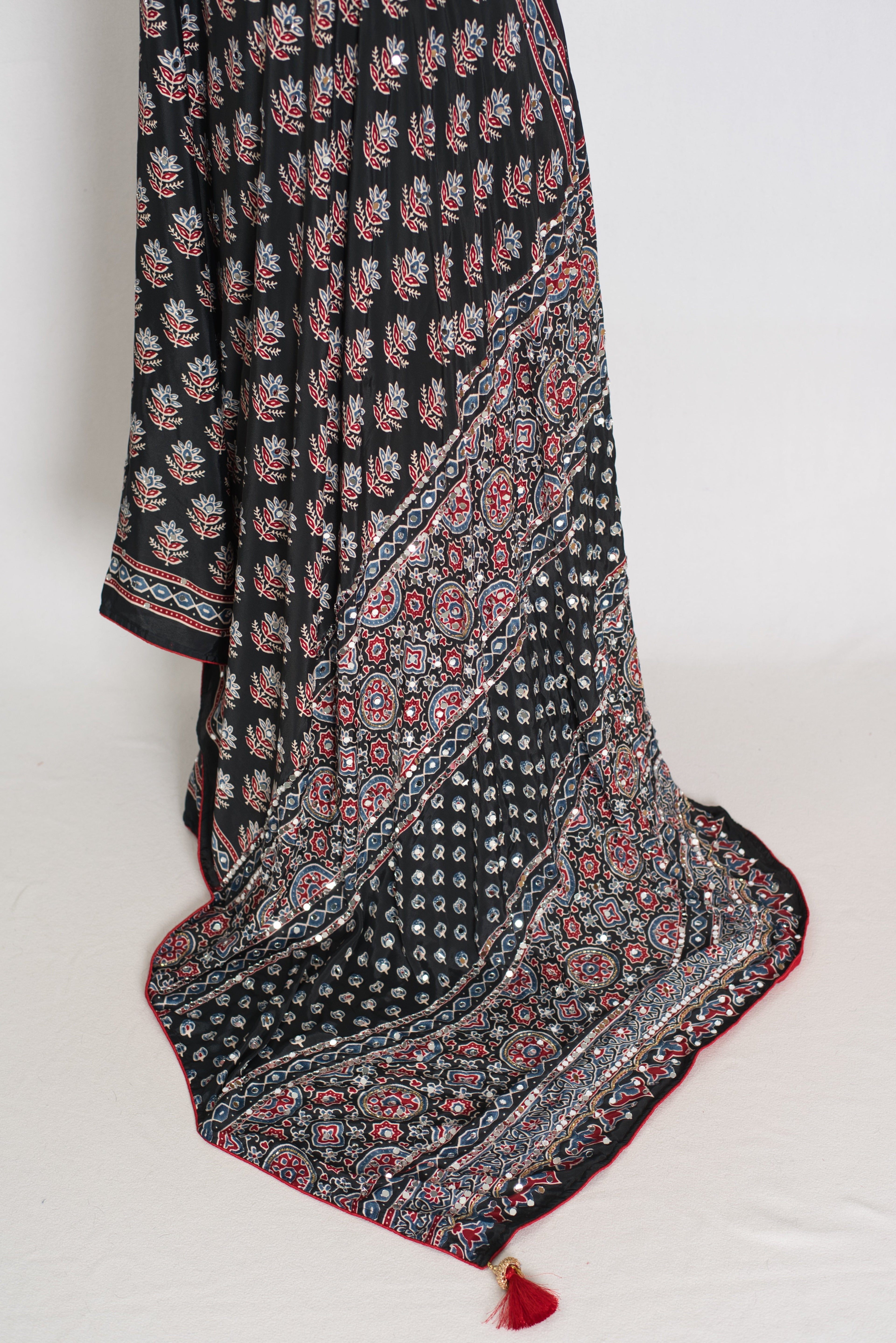 Afrin | Black Ajrakh Printed Saree | Mirror Work Semi Modal Silk