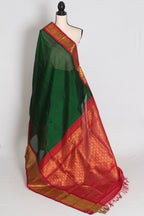 Latha : Bottle Green and Red Cotton Silk Kanjivaram Saree with 36 Size Blouse