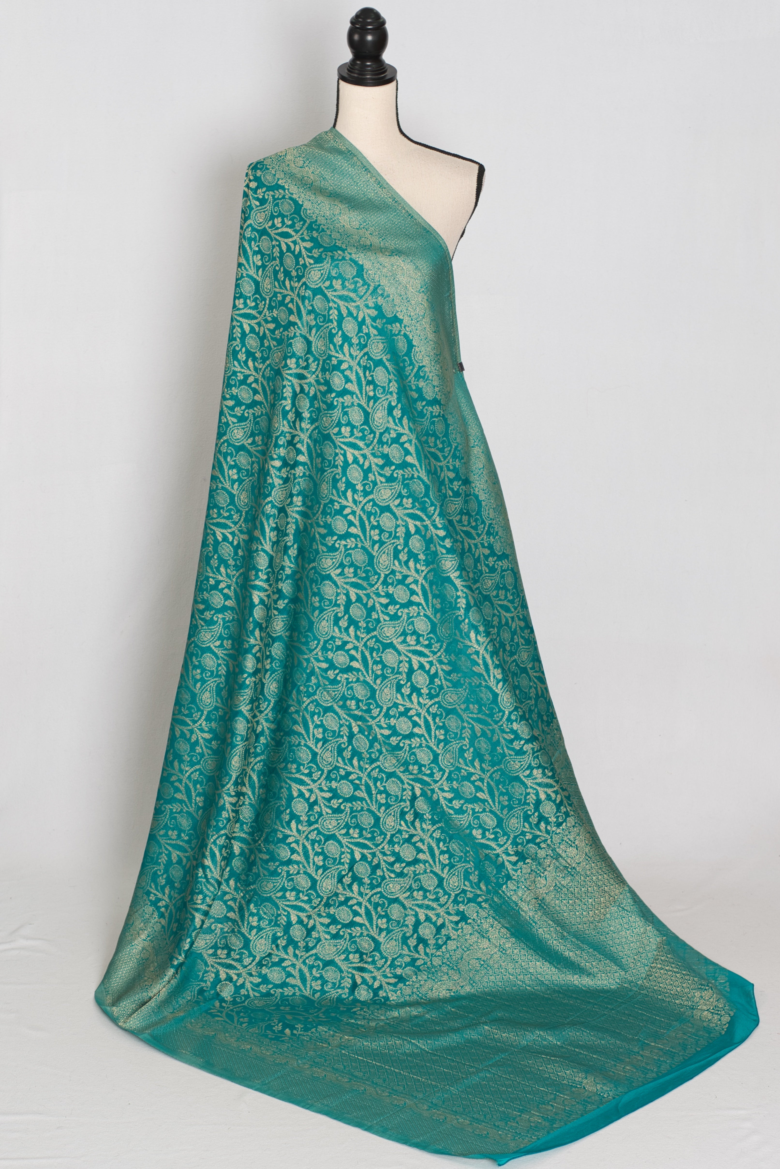 Rini | Rama Green Semi Georgette Banarasi Saree | Pre-Stitched Size 36 Blouse