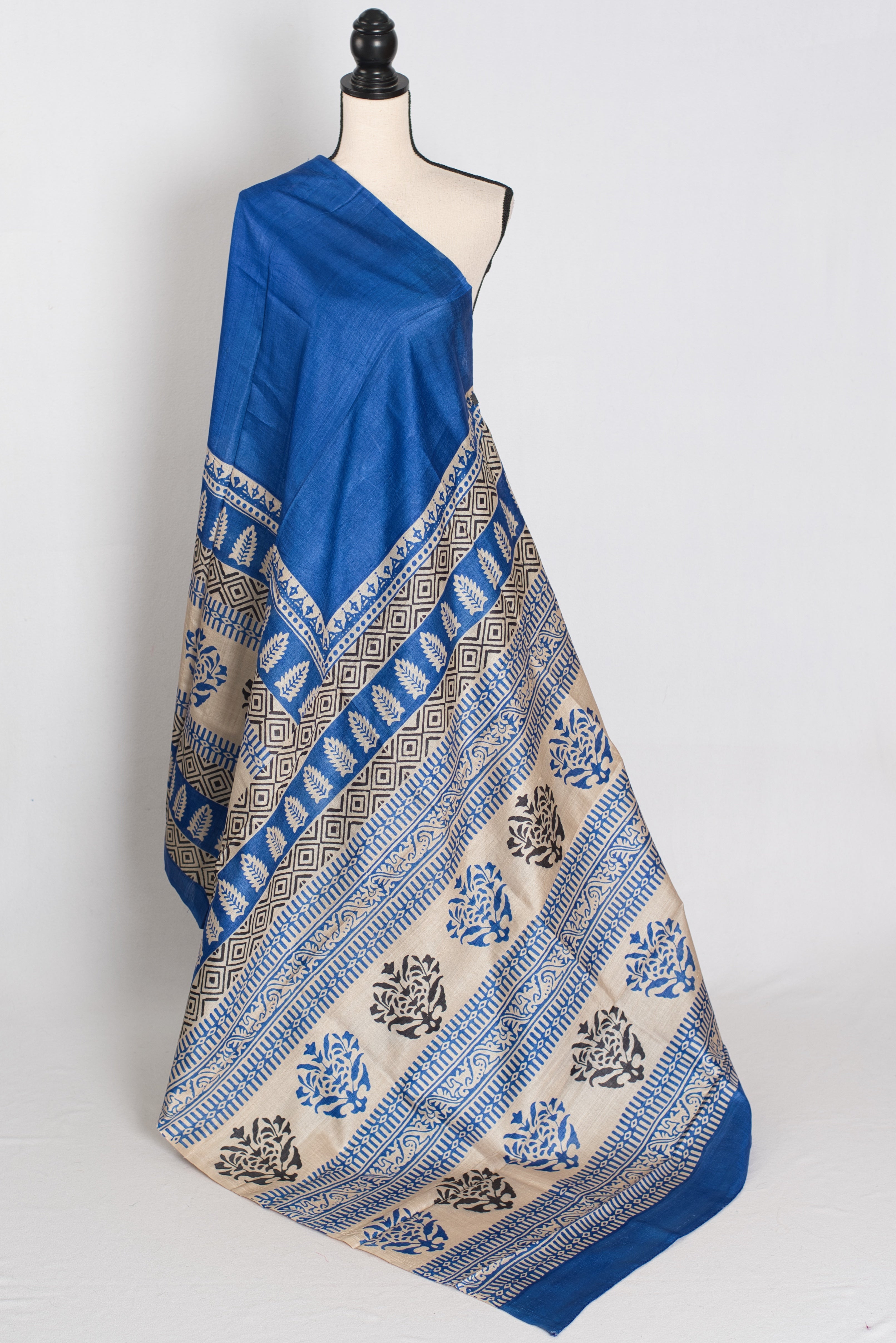 Mati Blue and White Hand Block Printed Tussar Silk Saree with 38 Size Blouse