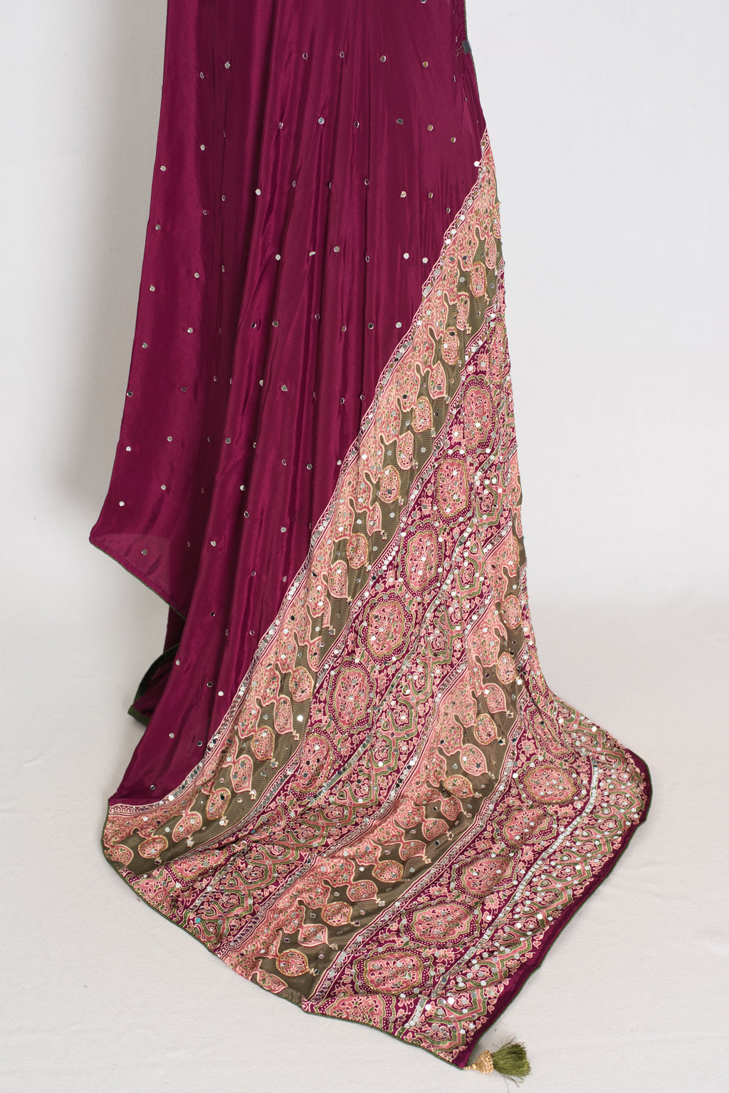 Naheed | Wine Color Mirror Work Partywear Ajrakh Saree | Bollywood Inspired