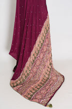 Naheed | Wine Color Mirror Work Partywear Ajrakh Saree | Bollywood Inspired