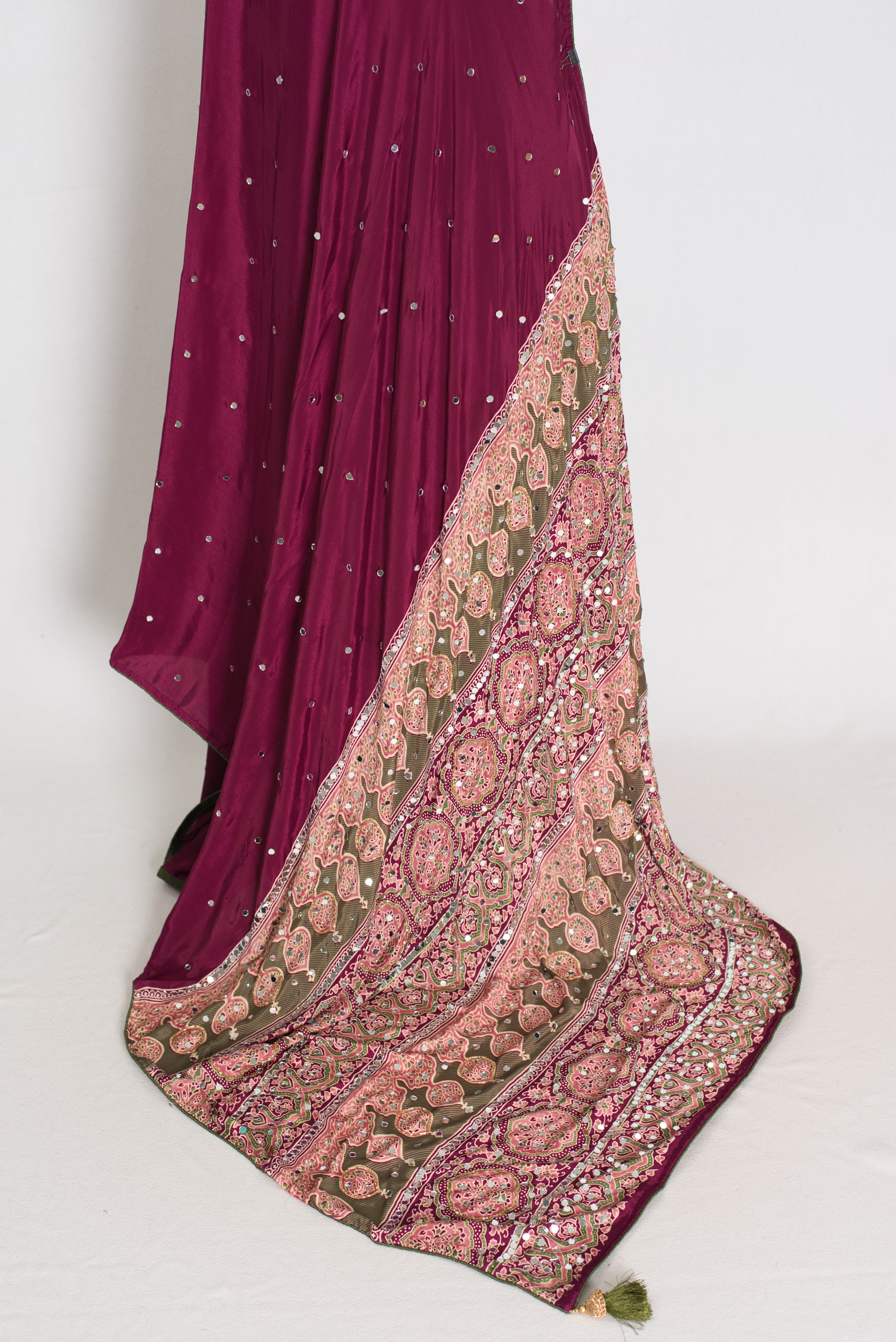 Naheed | Wine Color Mirror Work Partywear Ajrakh Saree | Bollywood Inspired