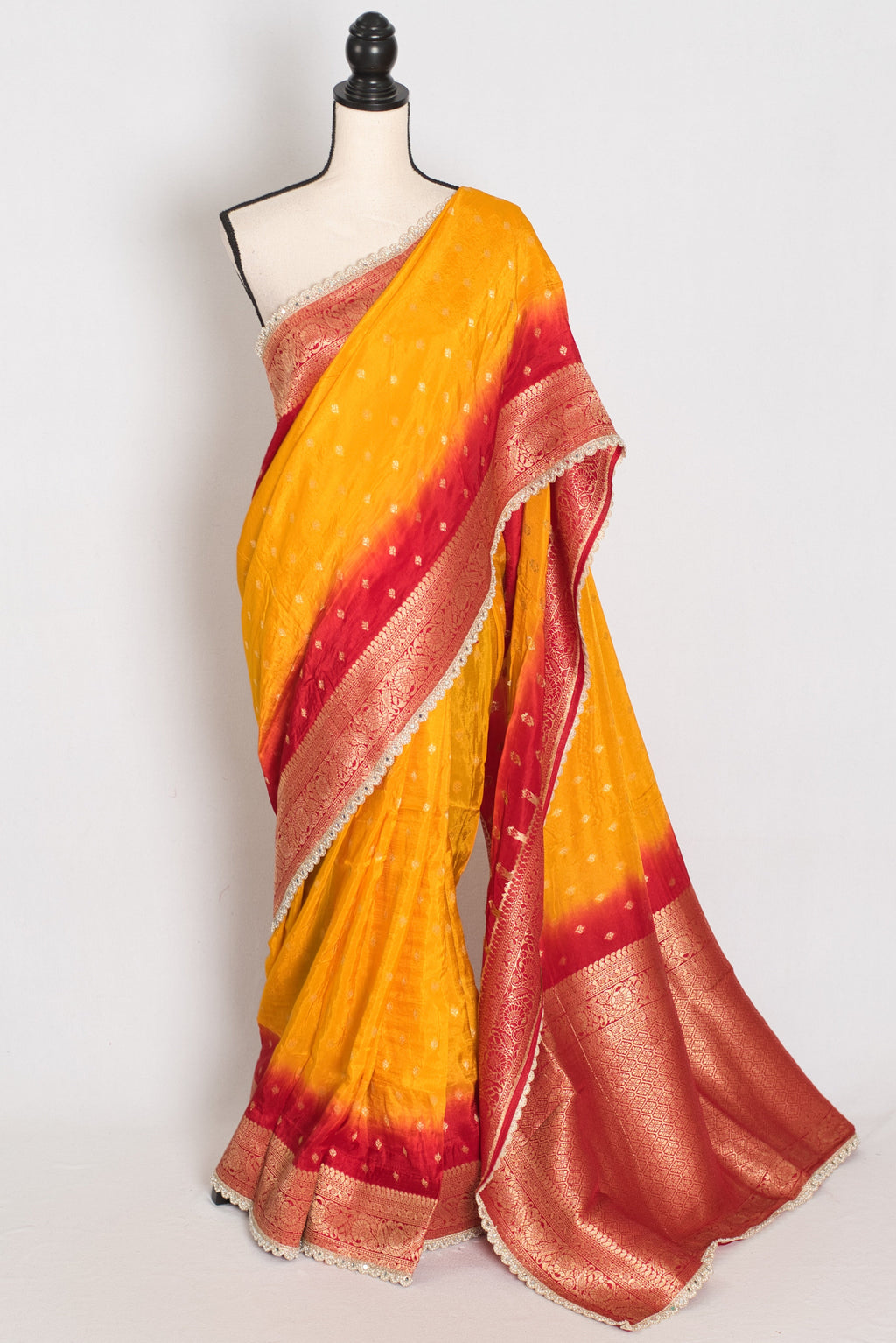 Mala | Yellow & Red Dola Silk Banarasi Saree | Soft & Flowy