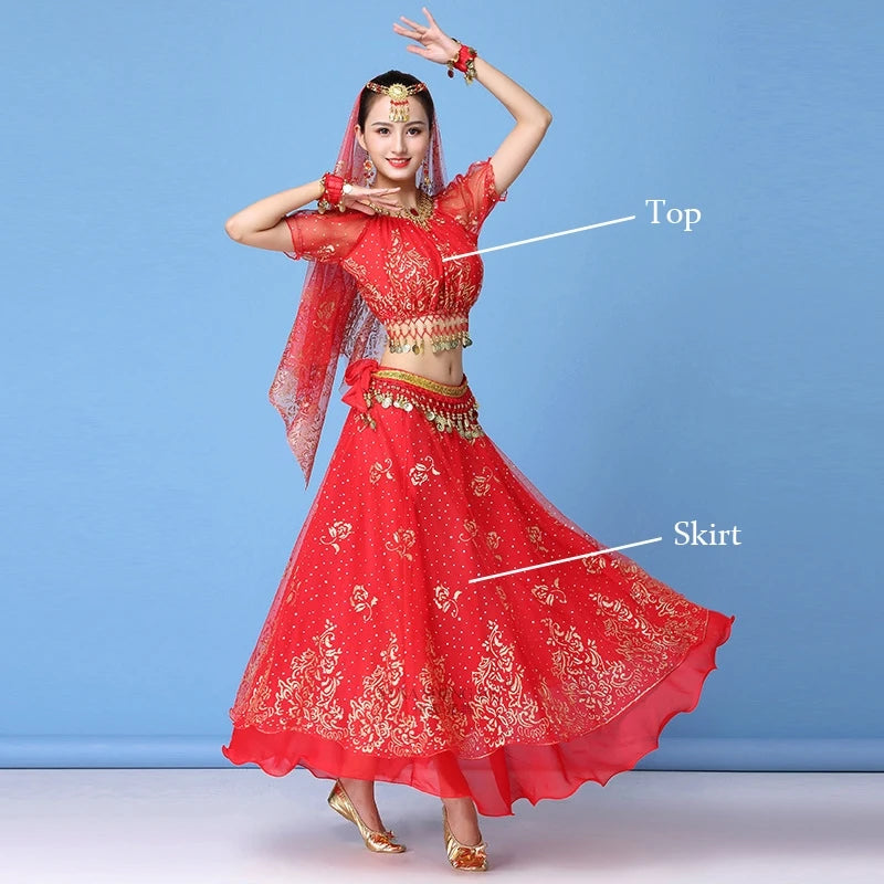 Bollywood Dress Costume Women Indian Dance Set Belly Dance Sari Clothing Belly Dance Performance Clothes Chiffon Dance Set New