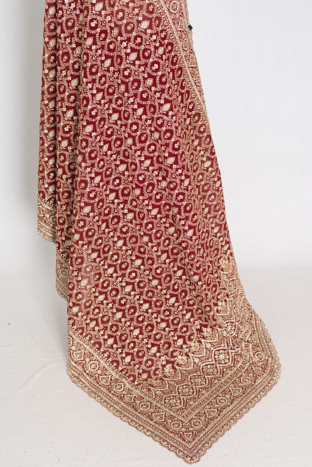 Mohey | Maroon and Gold Georgette Bridal Saree | Elegant Royal Festive Wear