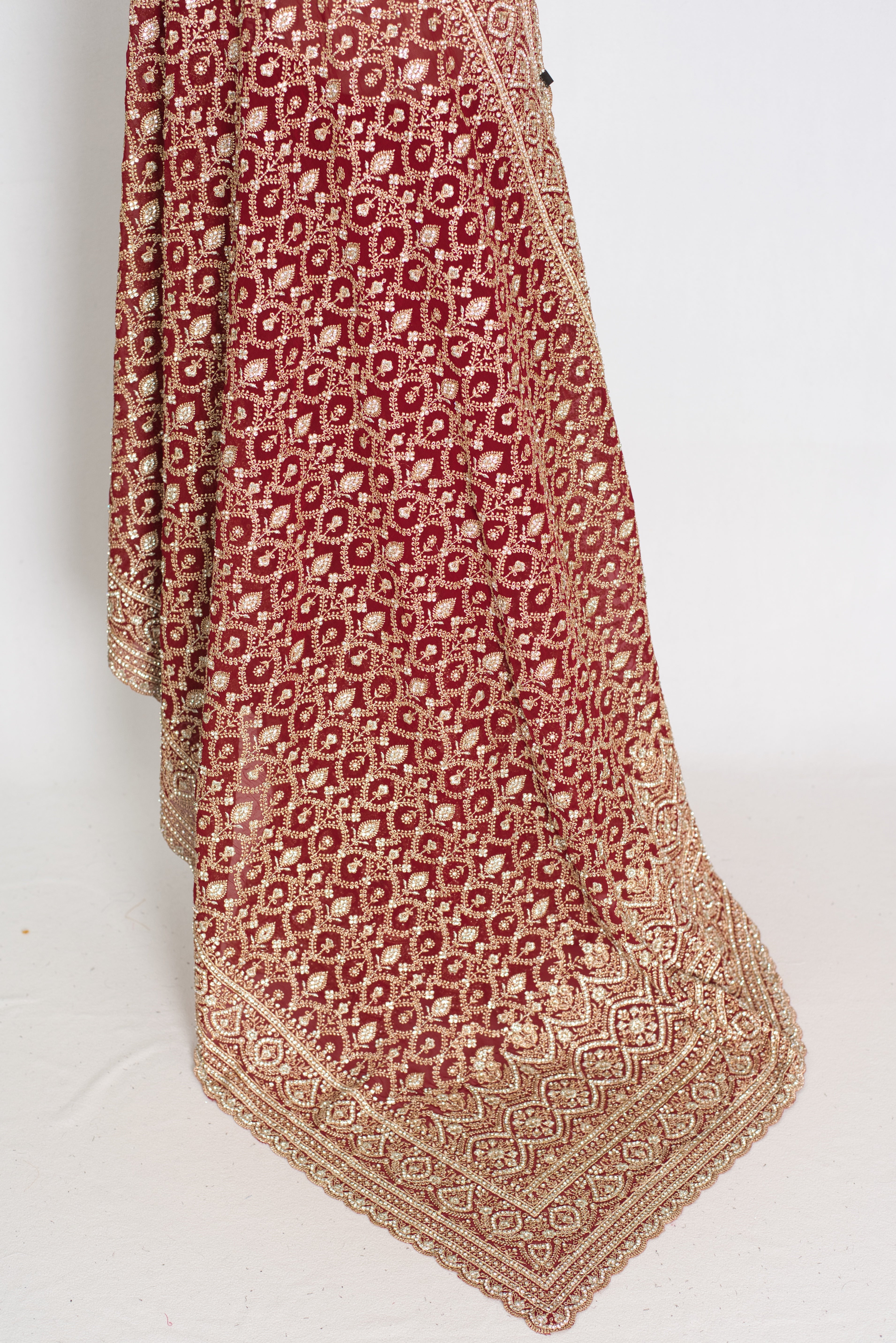 Mohey | Maroon and Gold Georgette Bridal Saree | Elegant Royal Festive Wear