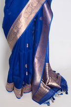 Kalpana : Royal Blue and Gold Chand Sitara Kora Organza Banarasi Saree