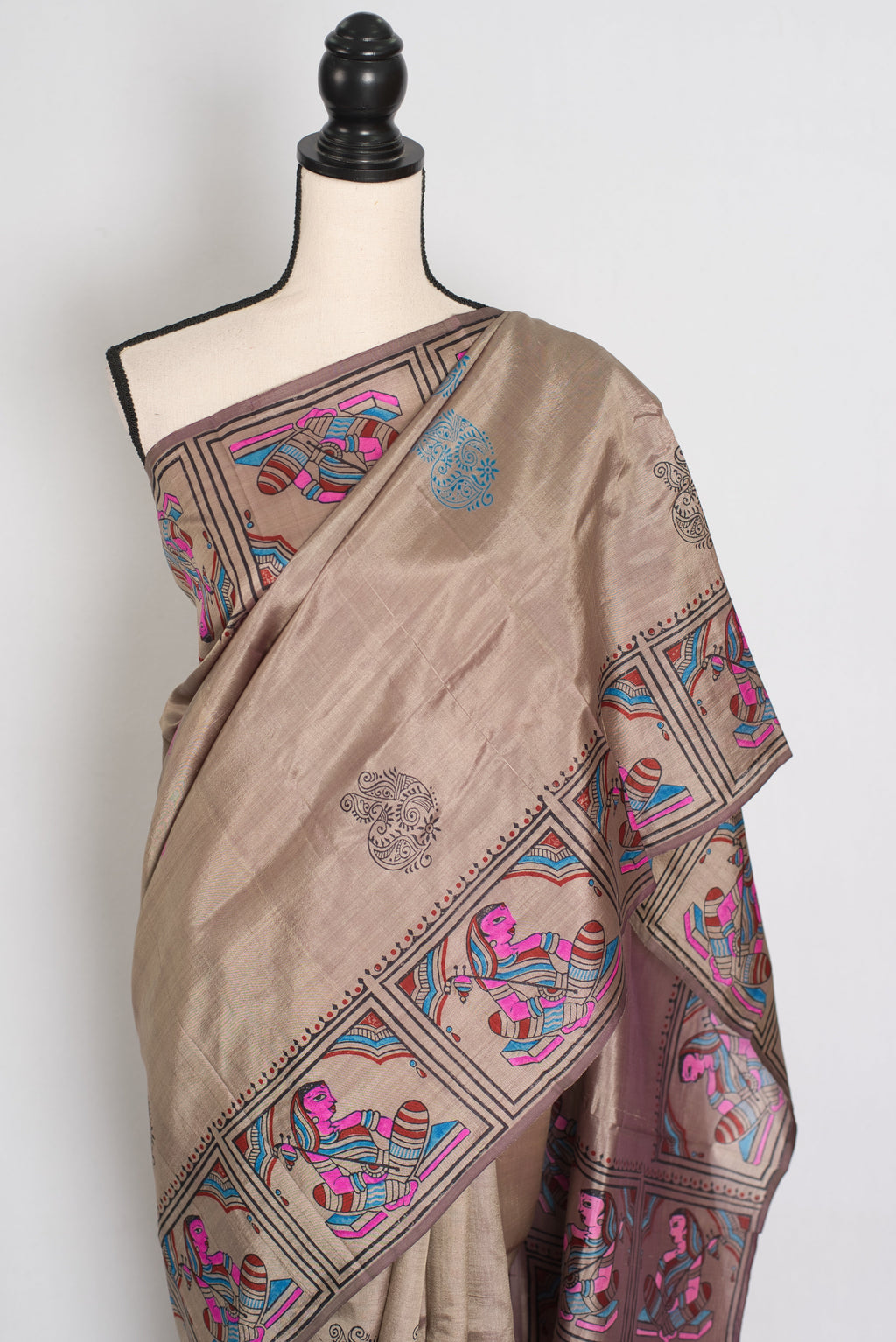 Ria | Ash Brown Hand Block Printed Bishnupur Silk Saree | 40 Size Blouse