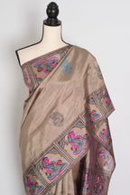Ria | Ash Brown Hand Block Printed Bishnupur Silk Saree | 40 Size Blouse