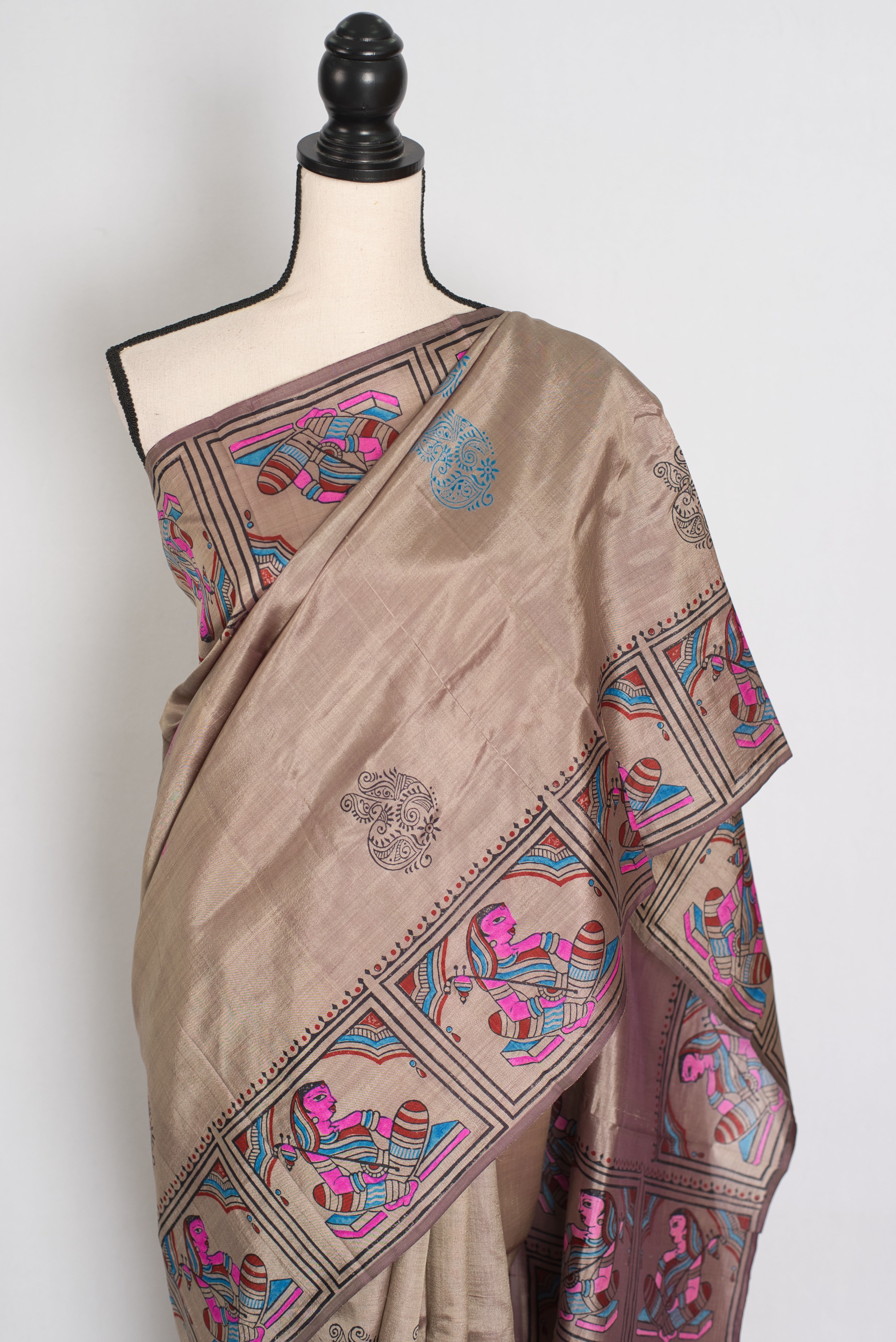 Ria | Ash Brown Hand Block Printed Bishnupur Silk Saree | 40 Size Blouse