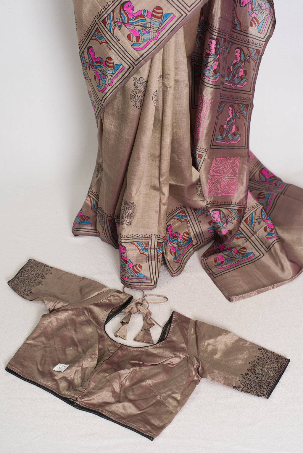 Ria | Ash Brown Hand Block Printed Bishnupur Silk Saree | 40 Size Blouse