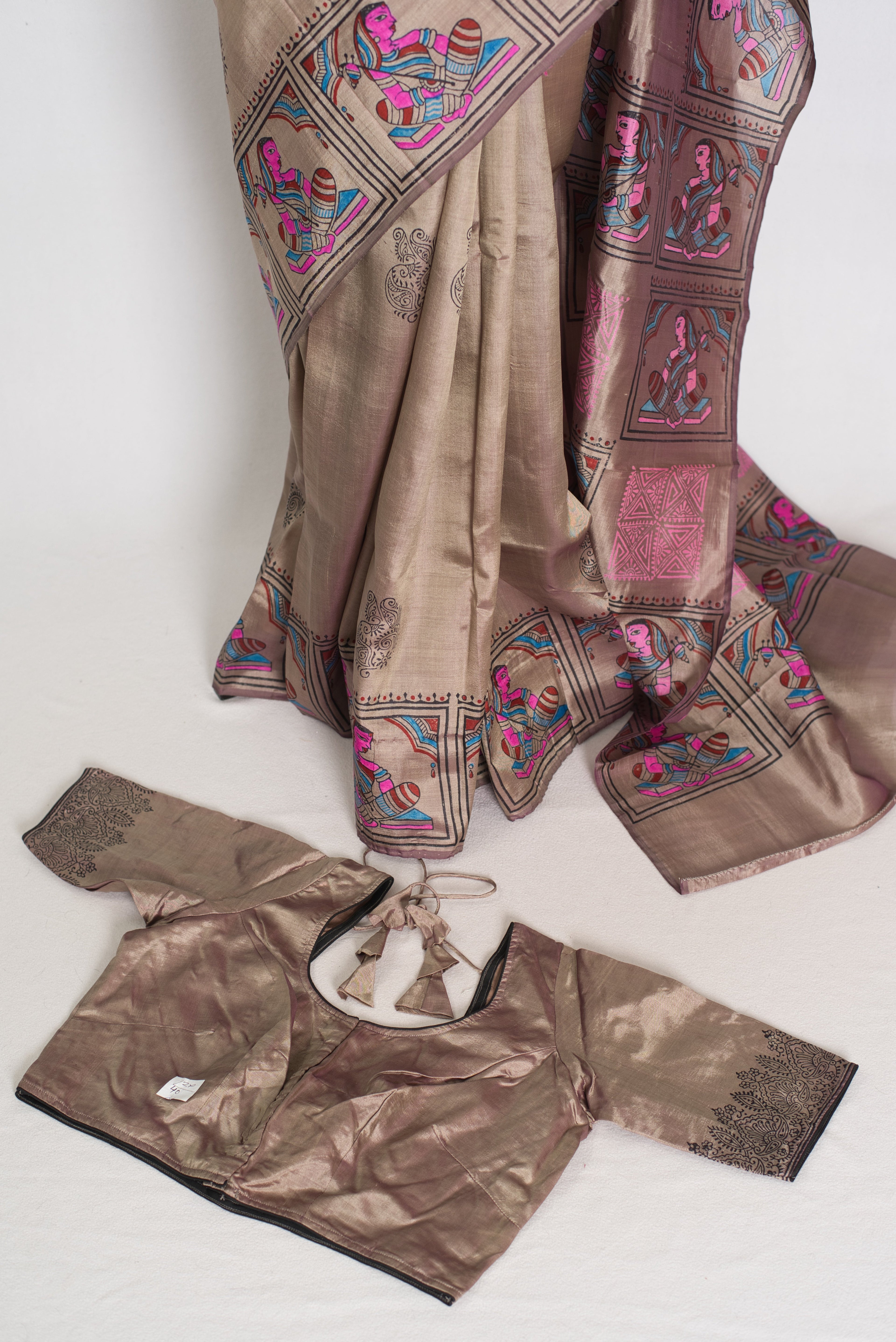 Ria | Ash Brown Hand Block Printed Bishnupur Silk Saree | 40 Size Blouse