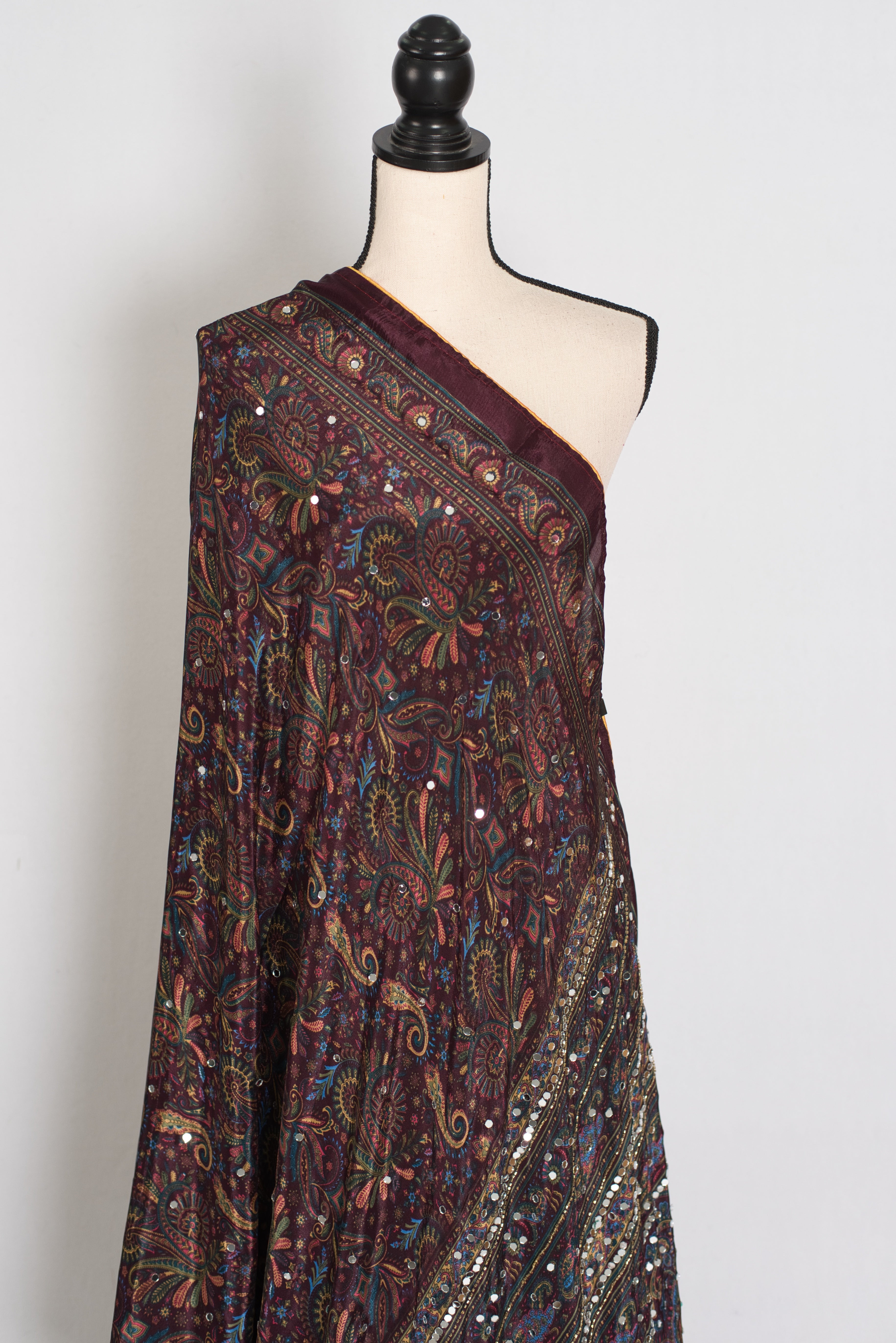 Nirja | Purple Kalamkari Printed Mirror Work Saree | Soft Semi Modal Silk