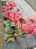 Ila | Grey & Vibrant Pink Floral Printed Semi Tussar Saree