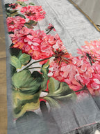 Ila | Grey & Vibrant Pink Floral Printed Semi Tussar Saree