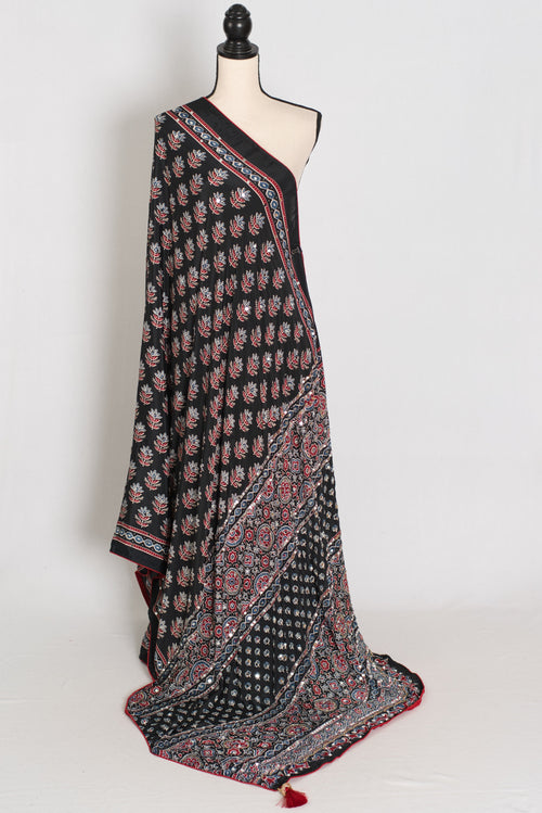 Afrin | Black Ajrakh Printed Saree | Mirror Work Semi Modal Silk