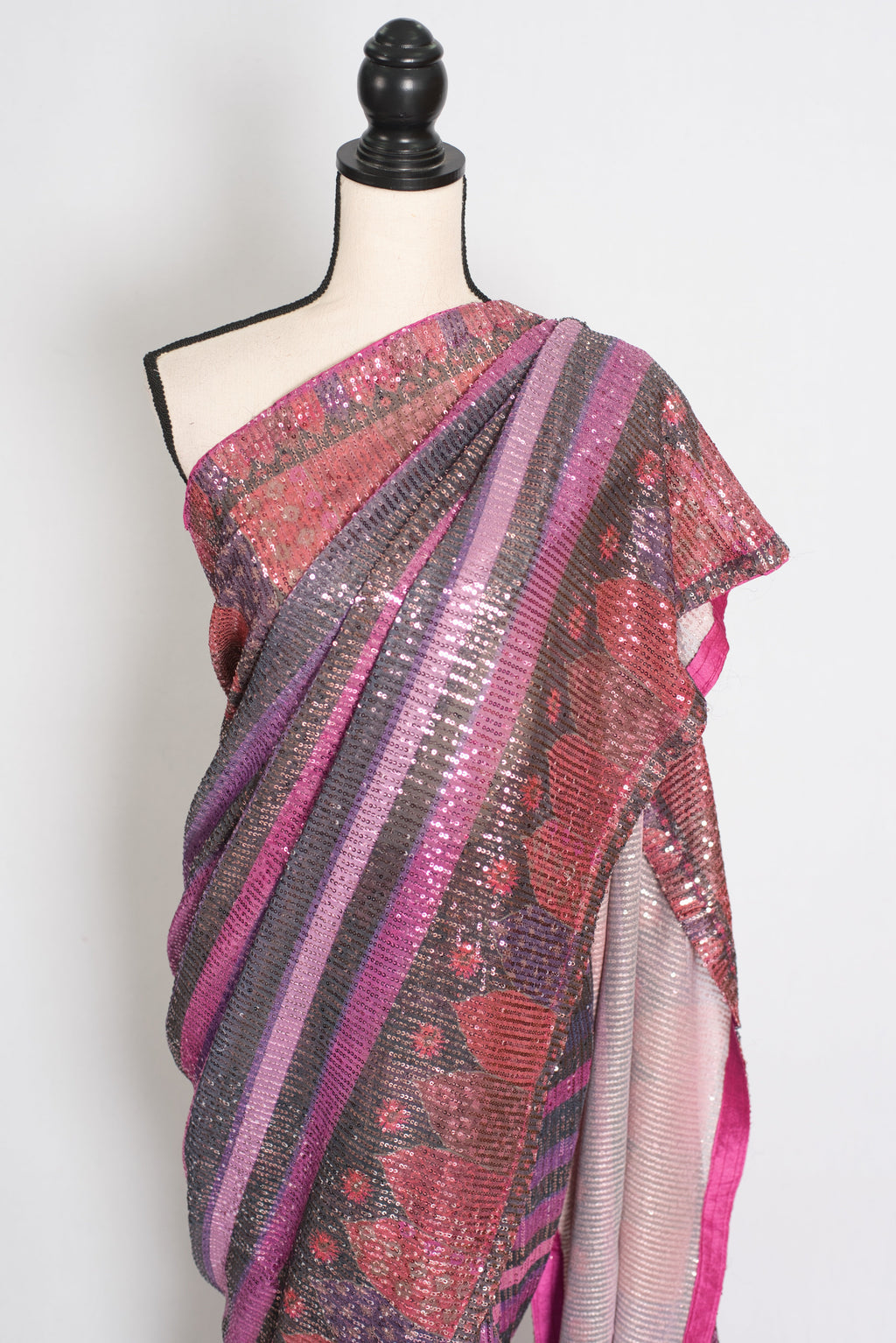 Ruhi | Pink Designer Sequin Saree | Bollywood Style Multi-Tonal Striped Shimmer