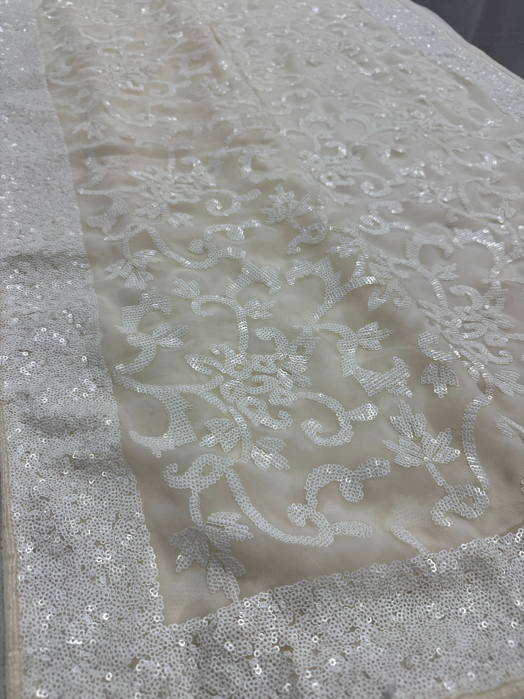 Damini | Ivory White Sequin Georgette Cocktail Saree | Classic Embroidery