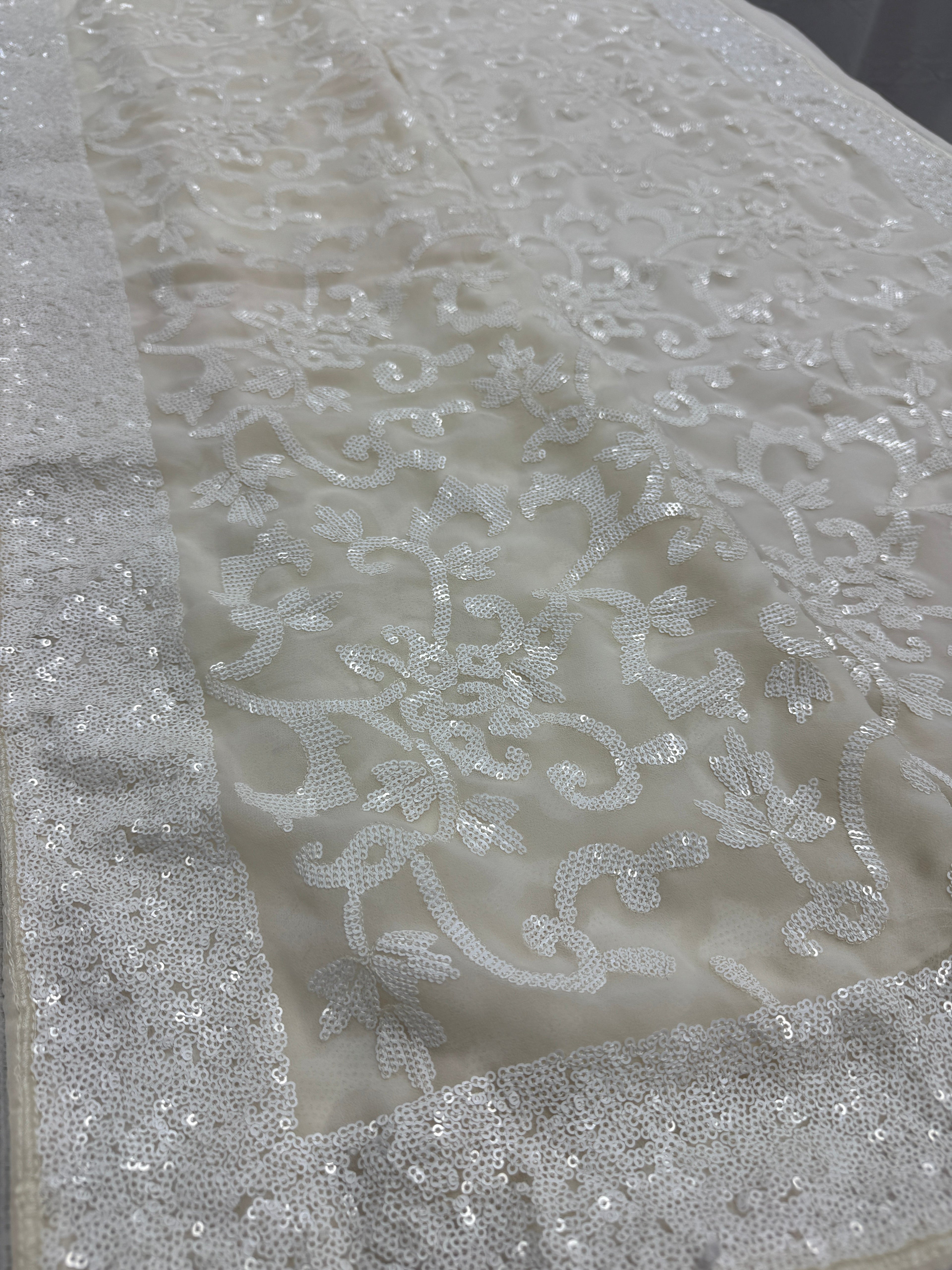Damini | Ivory White Sequin Georgette Cocktail Saree | Classic Embroidery