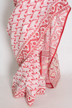 Rai : White and Red Blended Cotton Jamdani Saree, Bengali Durga Puja Look