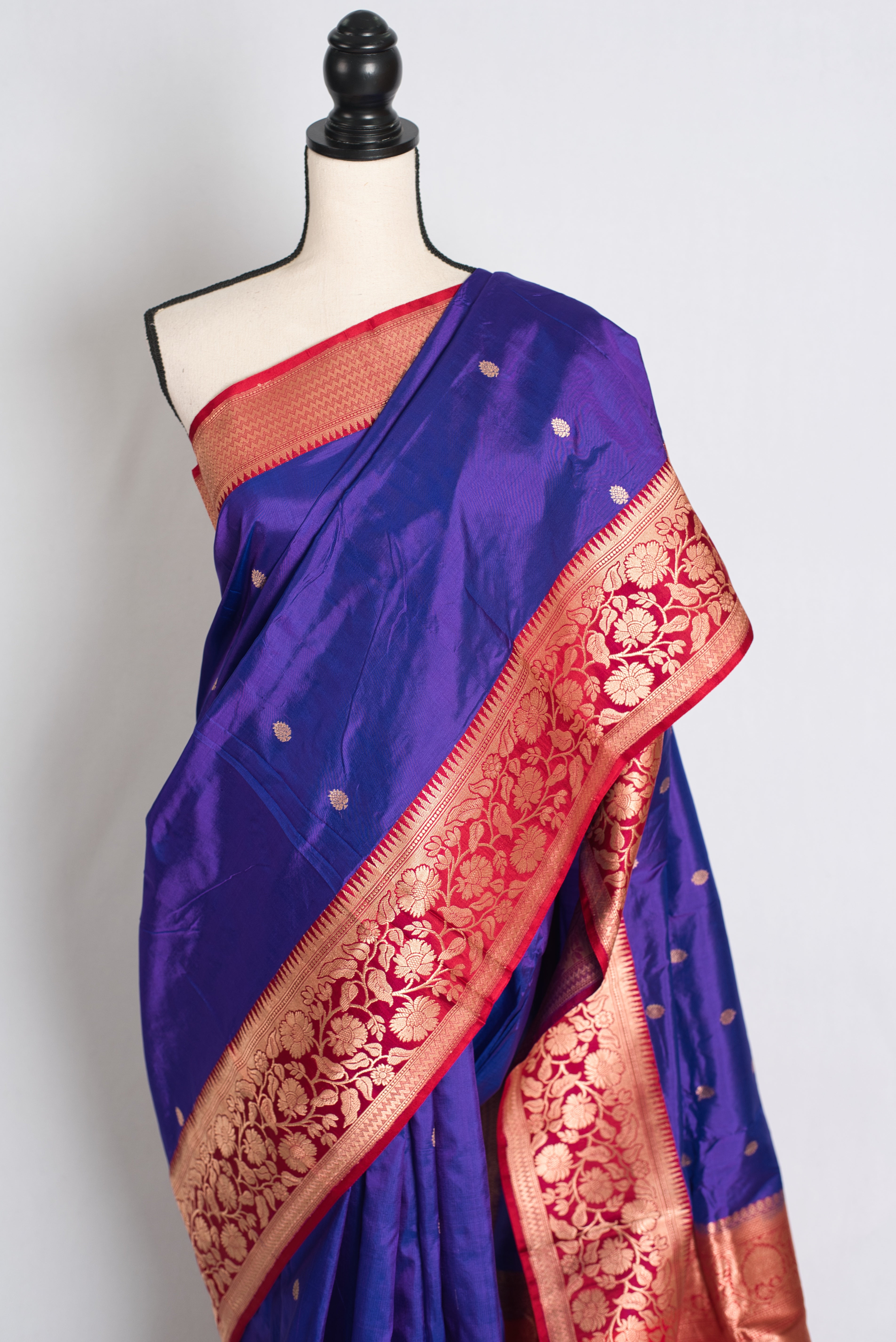 Devangana : Silk Mark Certified Blue and Red Katan Banarasi Silk Saree