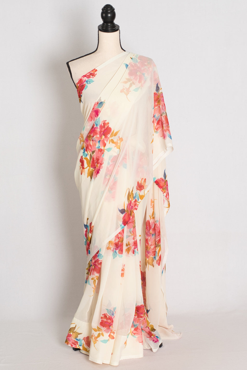 Liza : Cream and Red Floral Printed Chiffon Georgette Saree