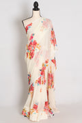 Liza : Cream and Red Floral Printed Chiffon Georgette Saree