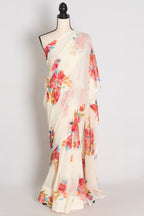 Liza : Cream and Red Floral Printed Chiffon Georgette Saree
