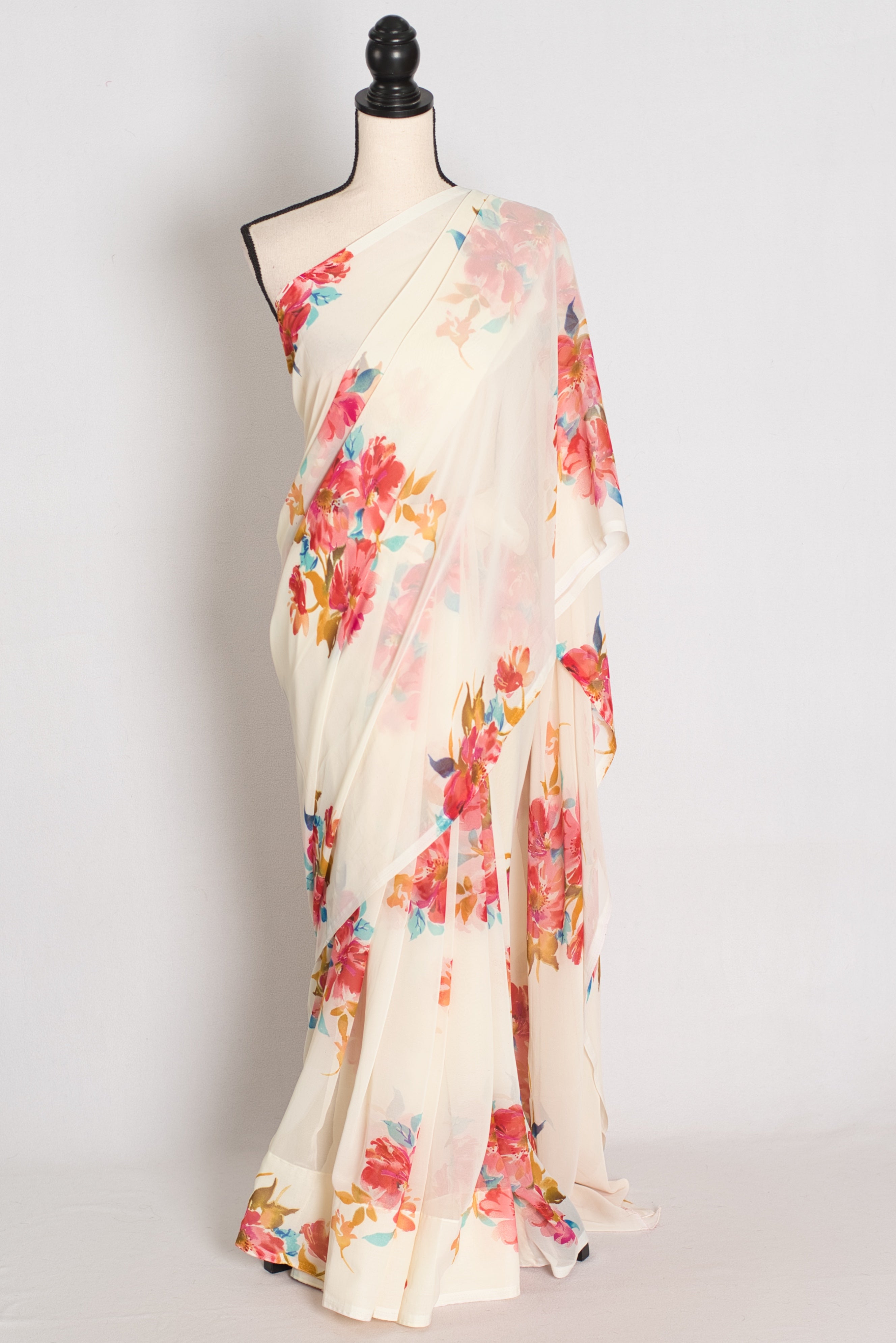 Liza : Cream and Red Floral Printed Chiffon Georgette Saree