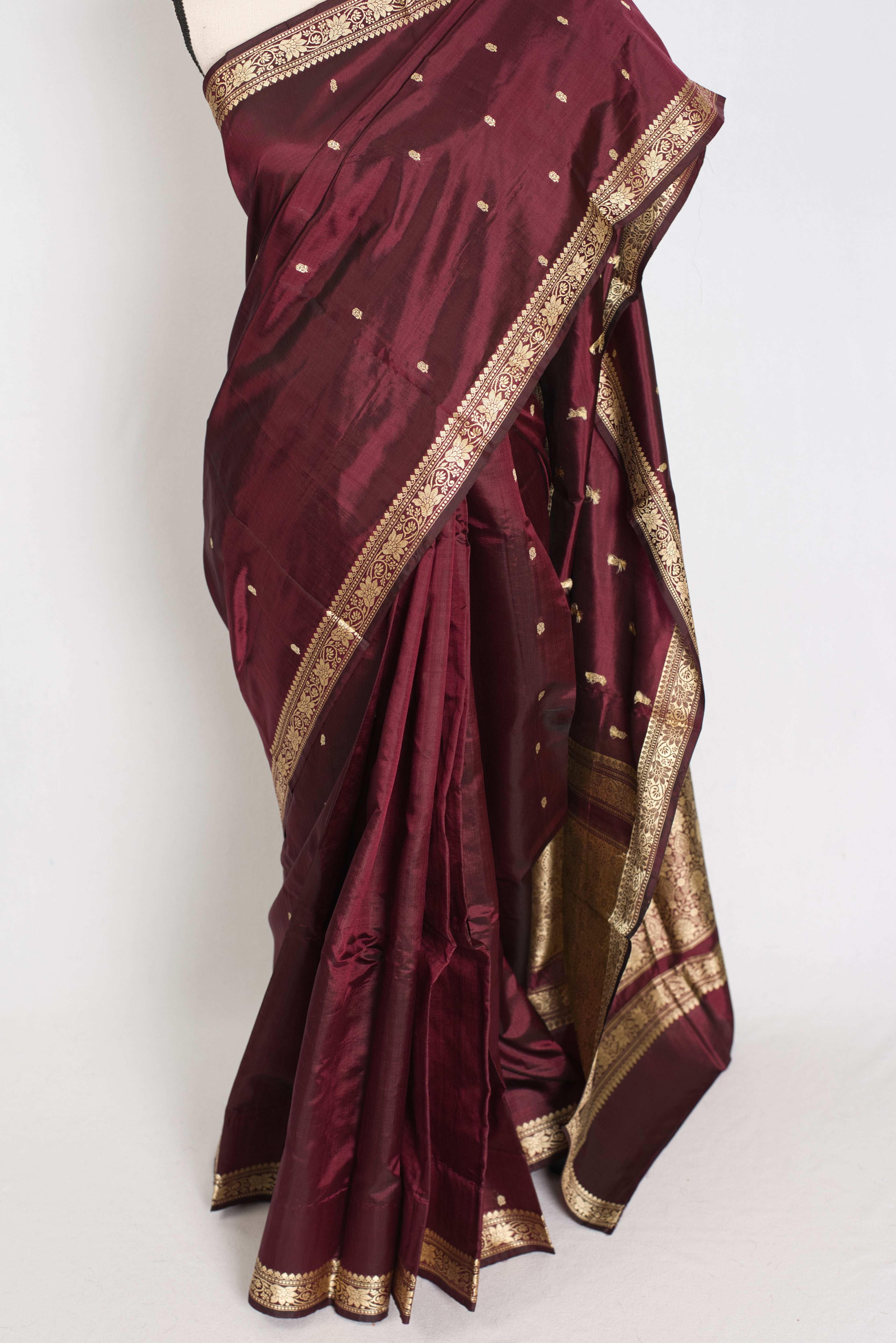 Noori : Certified Silk Burgundy Banarasi Katan Silk Saree with Resham Work