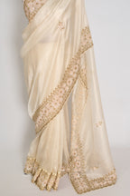 Shruti | Cream & Gold Soft Tissue Embroidered Wedding Saree | Pastel Collection