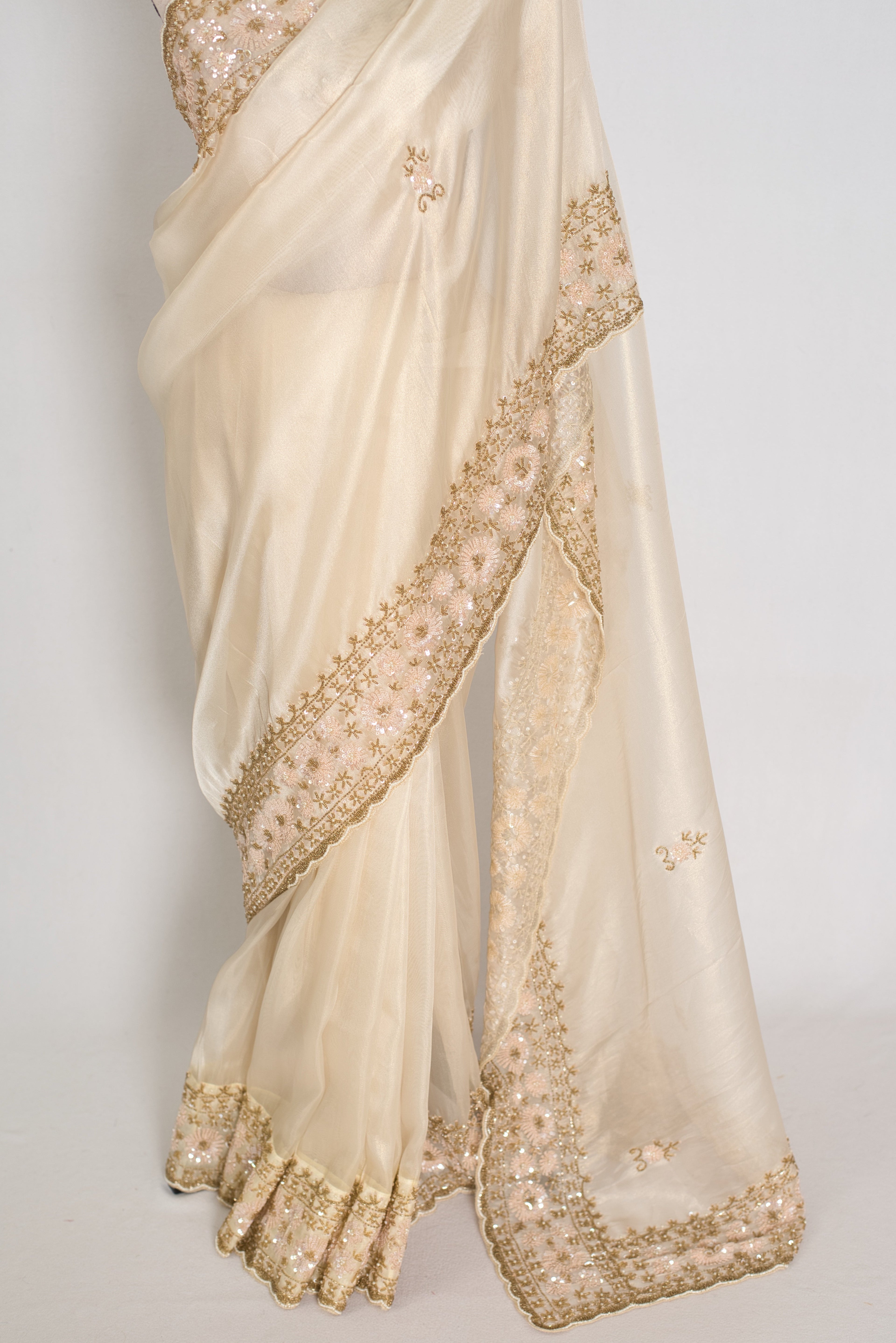Shruti | Cream & Gold Soft Tissue Embroidered Wedding Saree | Pastel Collection