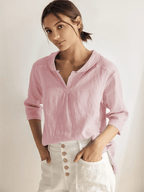 100% Linen Shawl V-Neck Half Sleeve Top JADE