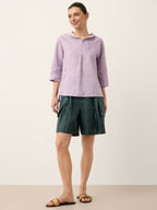 100% Linen Shawl V-Neck Half Sleeve Top JADE