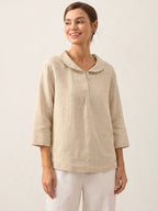 100% Linen Shawl V-Neck Half Sleeve Top JADE