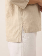 100% Linen Shawl V-Neck Half Sleeve Top JADE