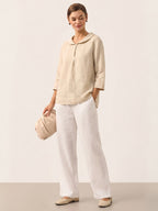 100% Linen Shawl V-Neck Half Sleeve Top JADE