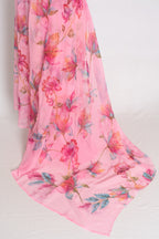 Mou : Bubble Gum Pink Floral Printed Chiffon Saree, Budget-Friendly Summer Drape