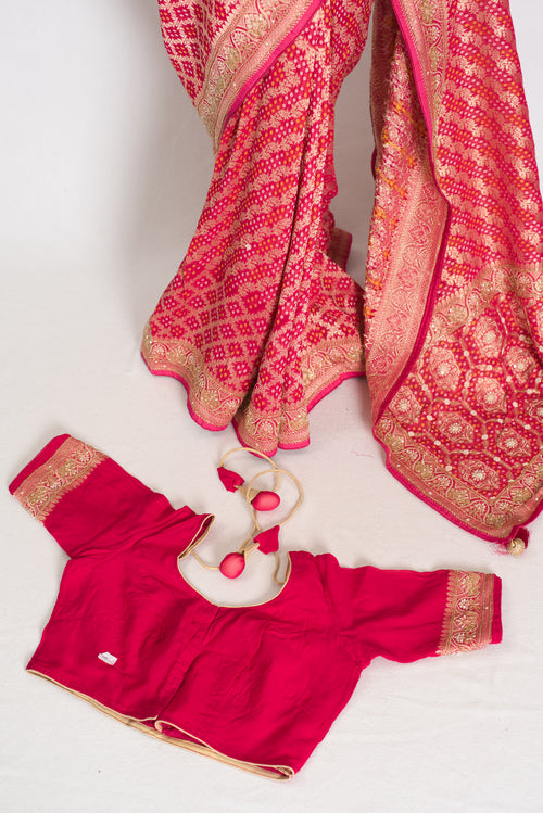 Afrin | Rani Pink Semi Georgette Saree | Pre-Stitched Size 38 Blouse