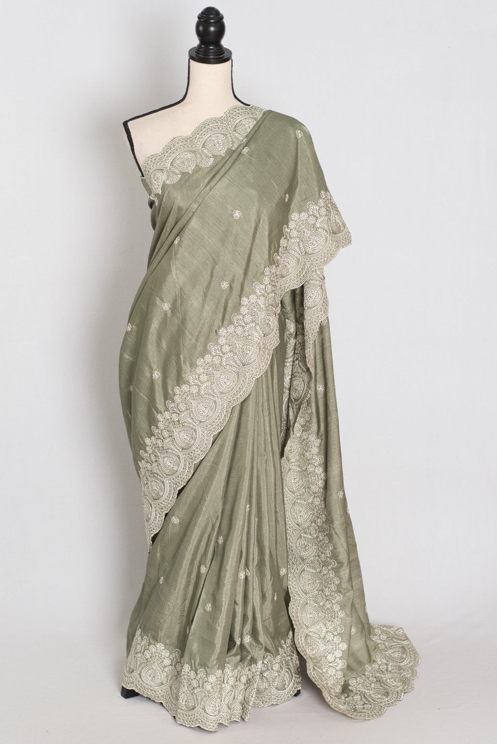 Hema | Sage Green Semi Tussar Silk Saree | Machine Embroidery & Scalloped Border