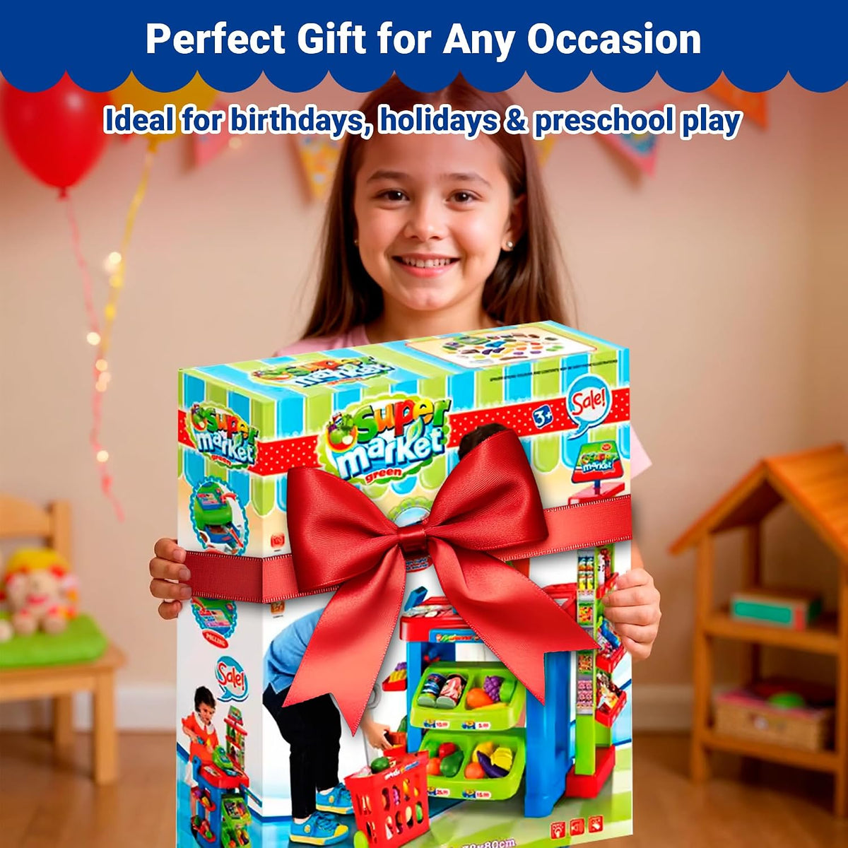 Supermarket Playset for Kids — Grocery Store Pretend Play with Toy Shopping Cart, Cash Register, Scanner & Play Food Accessories – Fun Gift for Ages 3+