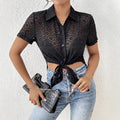Womens Solid-Color Fashion Jacquard Chiffon Short-Sleeve Top