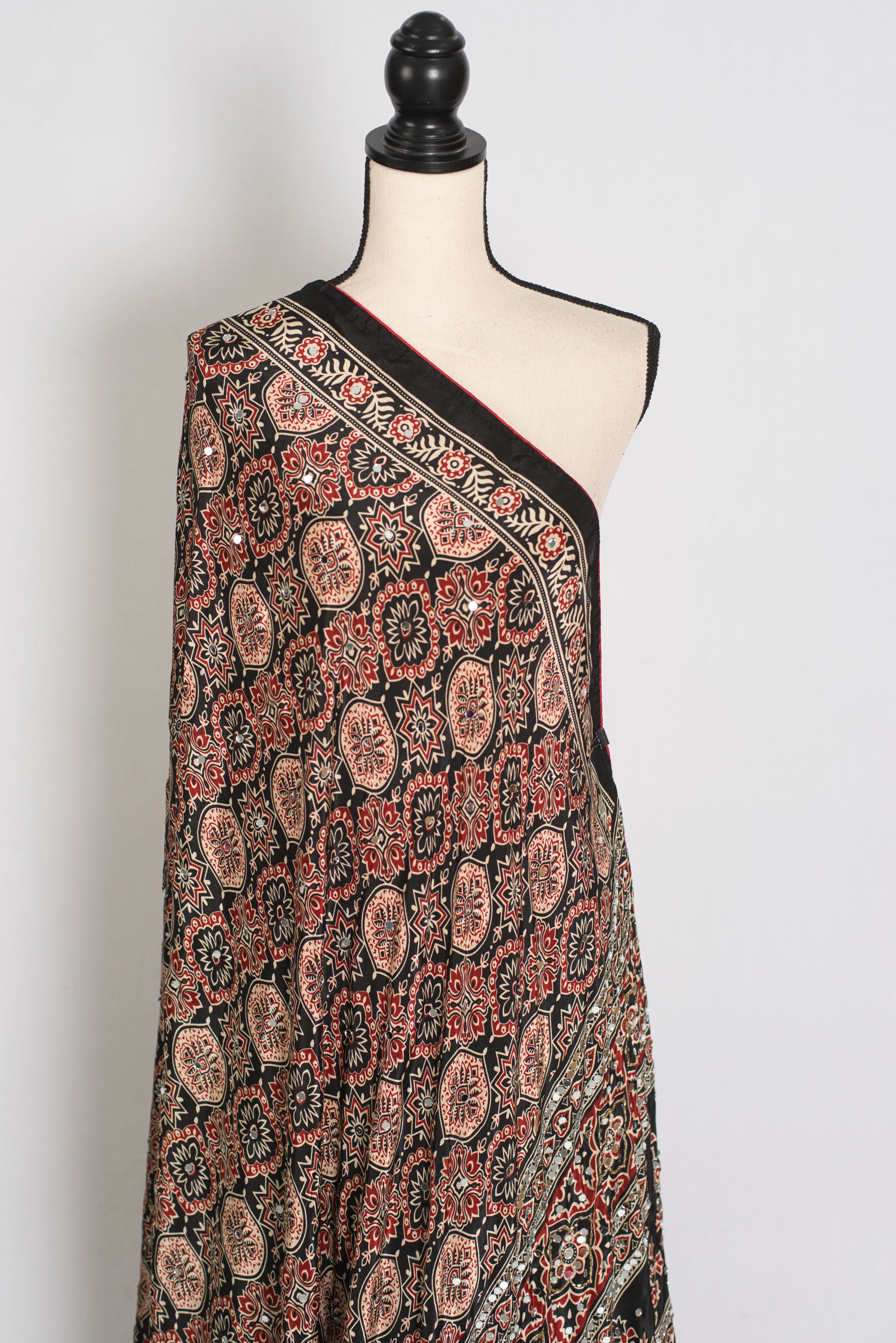 Aliya | Black Ajrakh Printed Mirror Work Saree| Bollywood Inspired Partywear