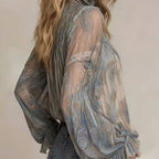 Womens Retro Long-Sleeve Stand-Neck Lace-Up Ruffle Flare-Sleeve Shirt