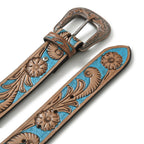 Western Cowboy Leather Belt - Blue & Brown