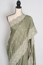 Hema | Sage Green Semi Tussar Silk Saree | Machine Embroidery & Scalloped Border